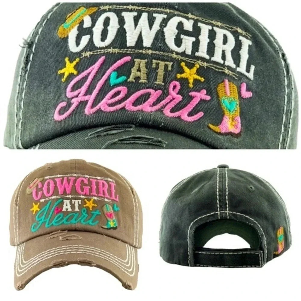 Distressed "Cowgirl at Heart" Baseball Cap